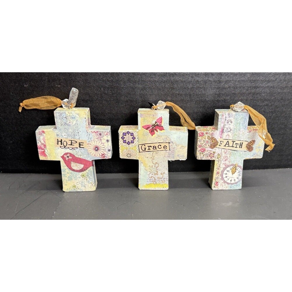 Demdaco Kelly Rae Roberts Set 3 Wood Hope,Faith, Mixed Media Crosses Decoupage